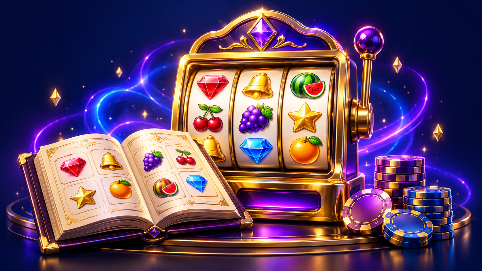 Ilustrasi buku panduan dan simbol permainan untuk mengenali dasar slot