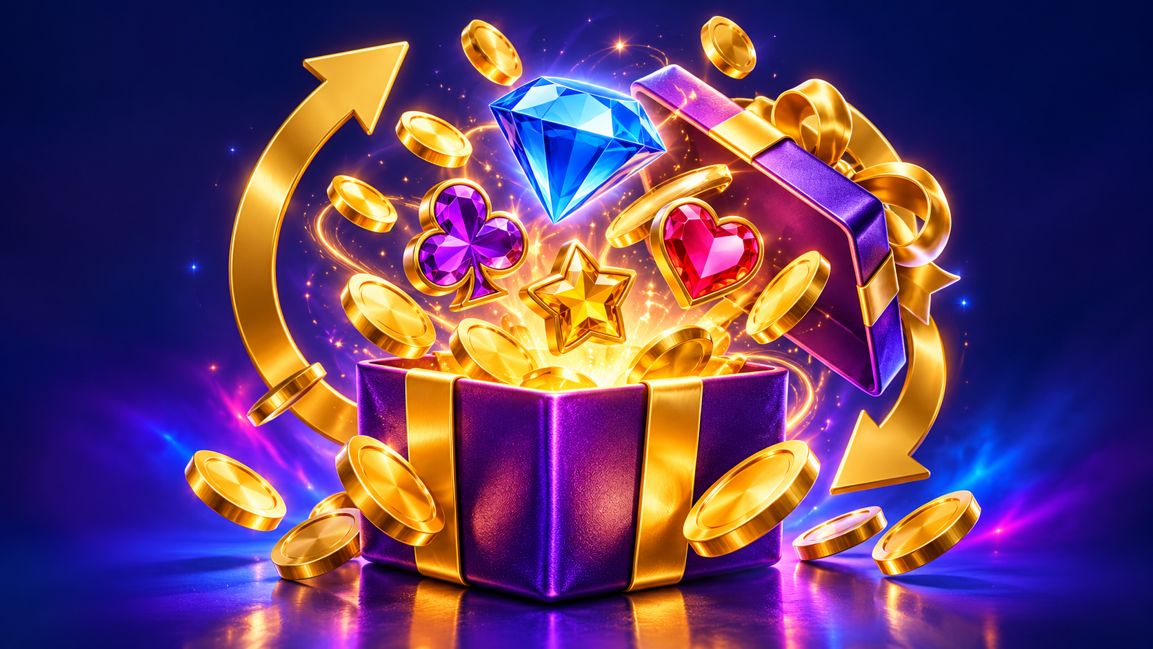 Ilustrasi kotak hadiah, permata, dan panah untuk mengenali fitur bonus