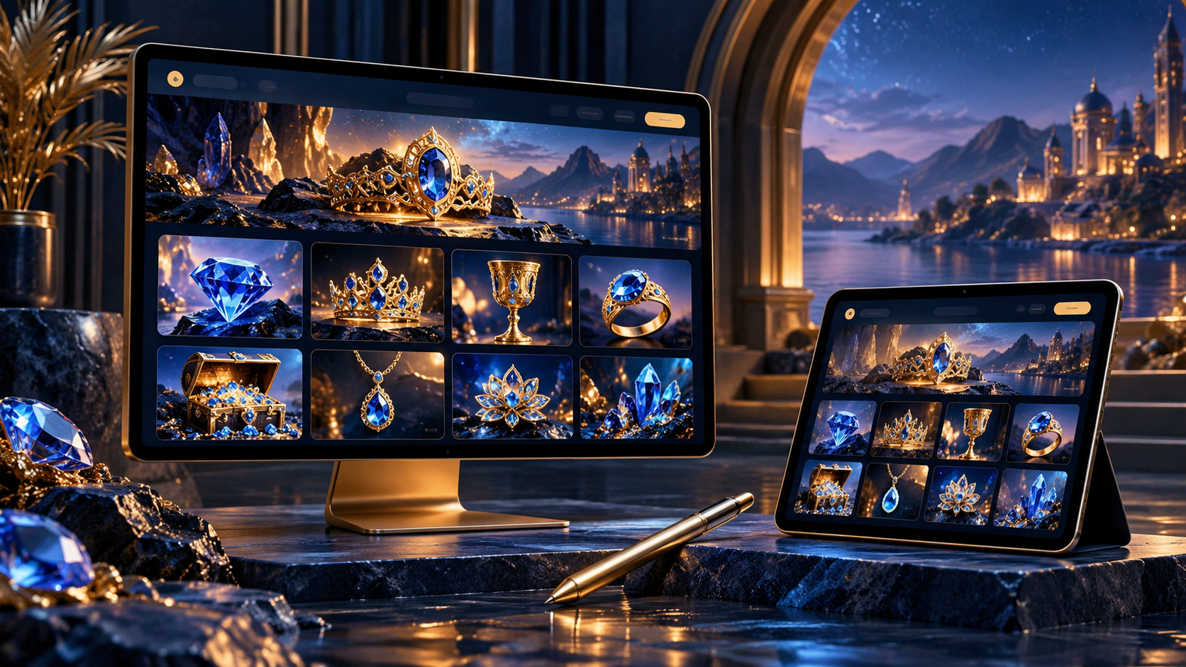 Ilustrasi monitor desktop dan tablet yang menampilkan susunan kartu gambar berbeda untuk membandingkan ruang baca antarlayar.