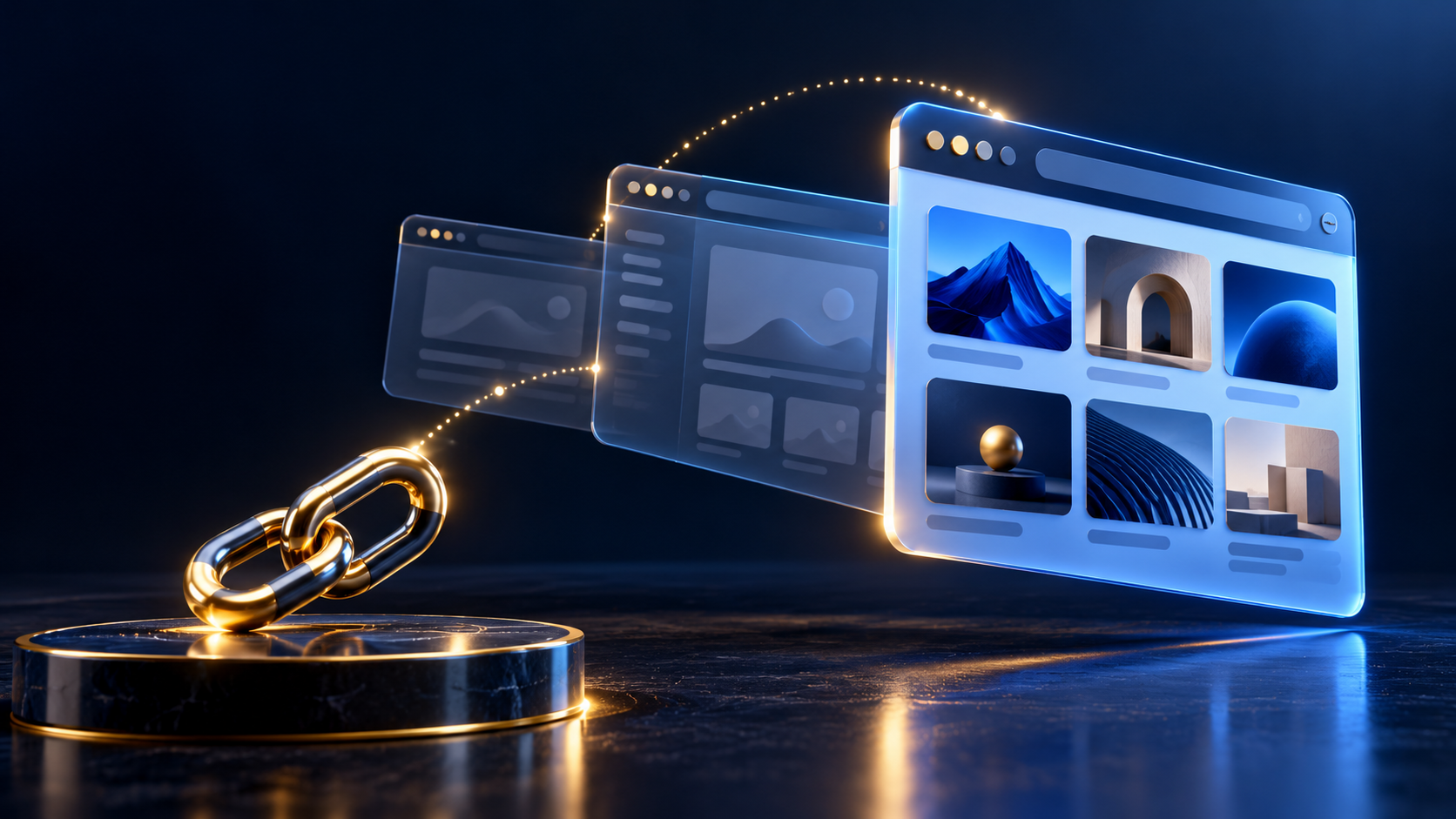 Jendela browser bertumpuk dengan tab aktif berwarna terang dan jalur tautan emas.
