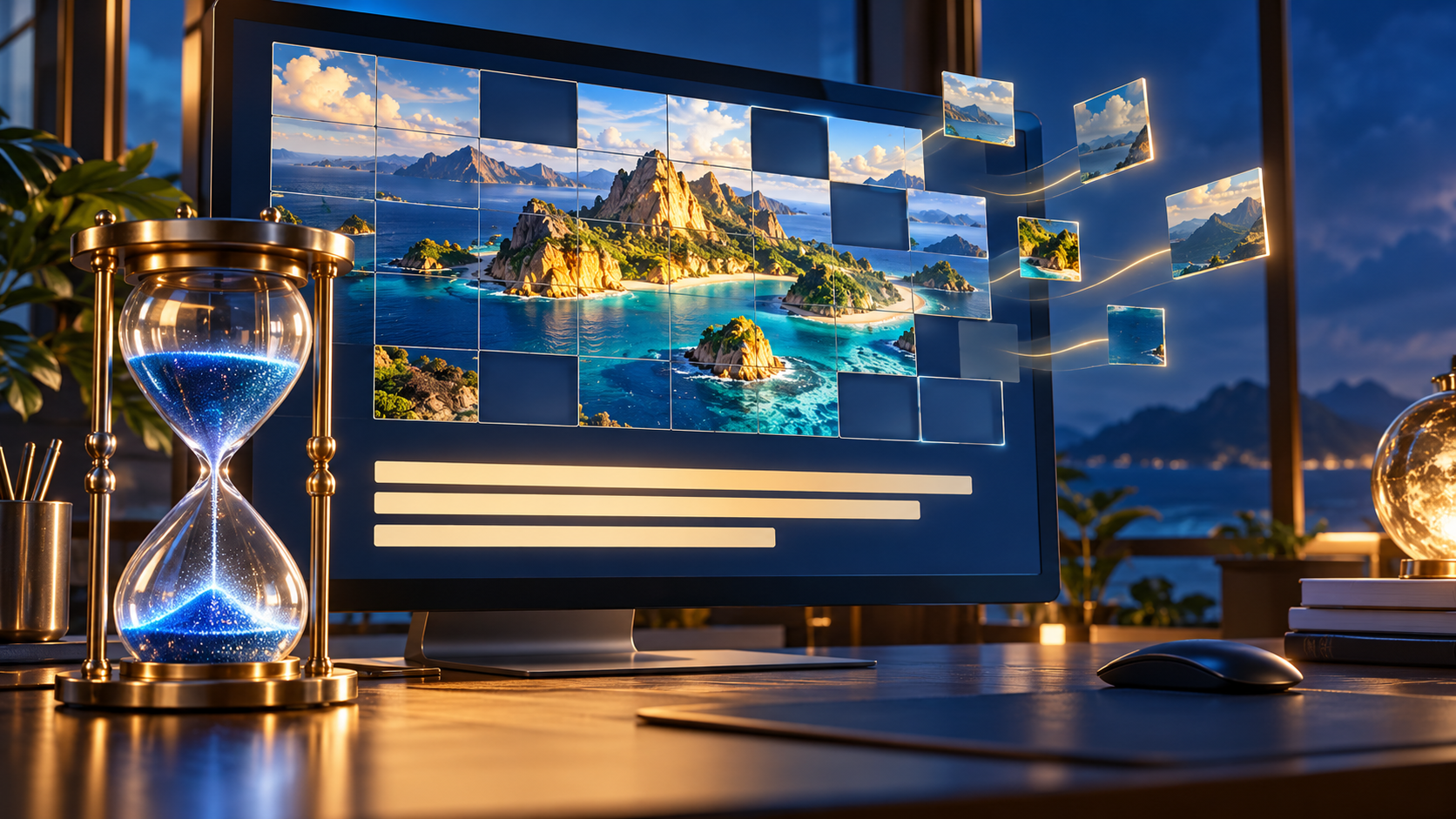 Ilustrasi gambar mosaik pulau yang belum lengkap pada monitor dan jam pasir kuningan untuk menggambarkan pemuatan gambar yang lambat.