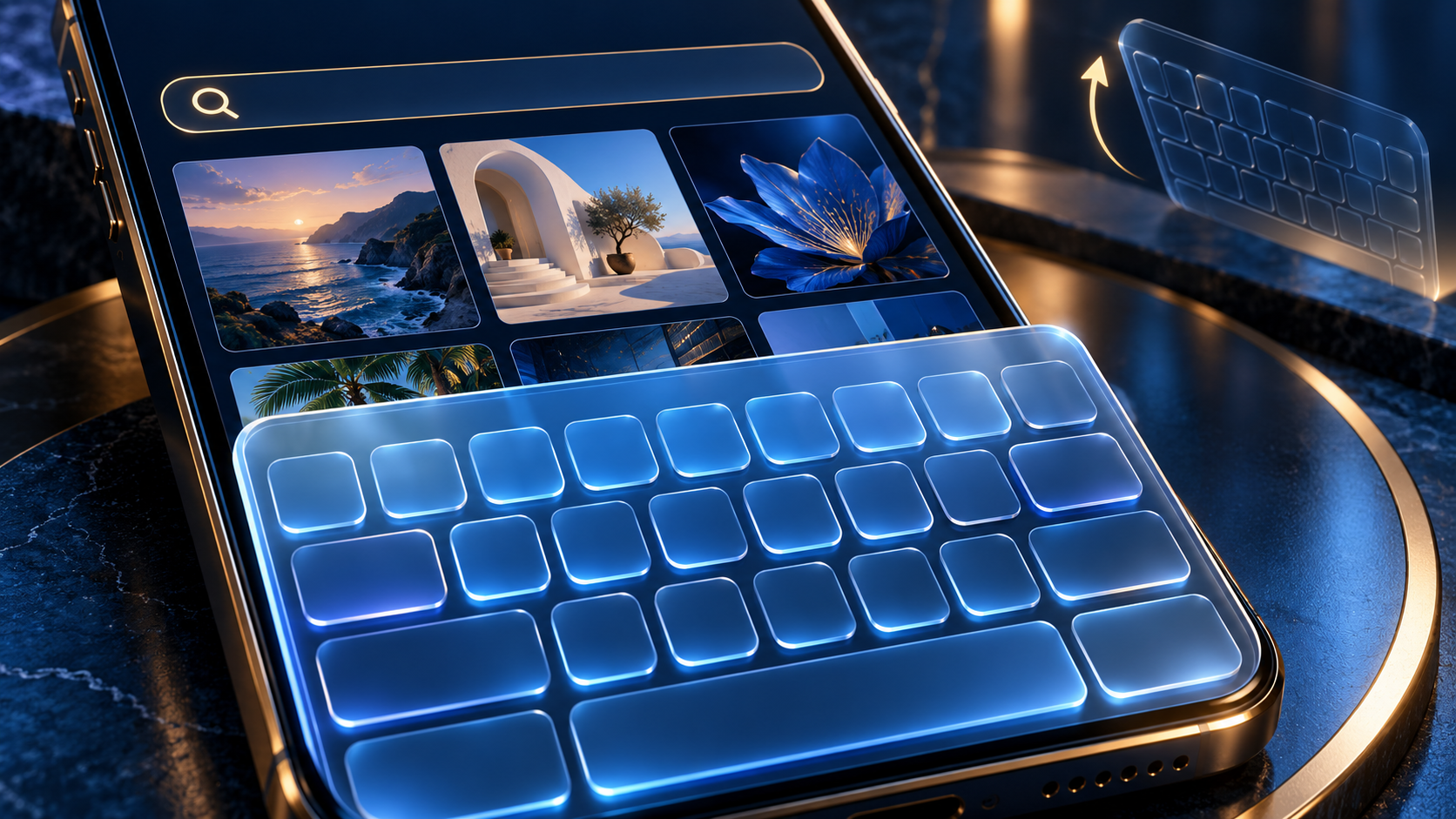 Keyboard ponsel menutupi sebagian hasil katalog di bawah kolom pencarian.