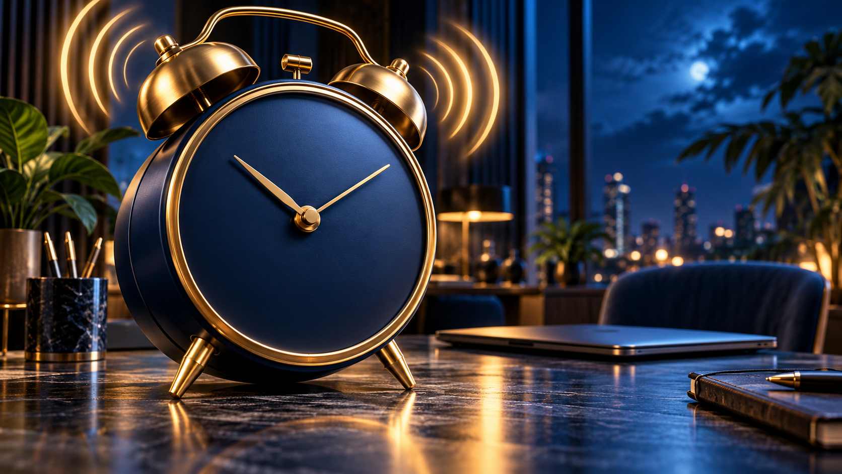 Ilustrasi jam alarm biru dengan jarum emas, lonceng, dan laptop tertutup sebagai pengingat waktu di luar layar.