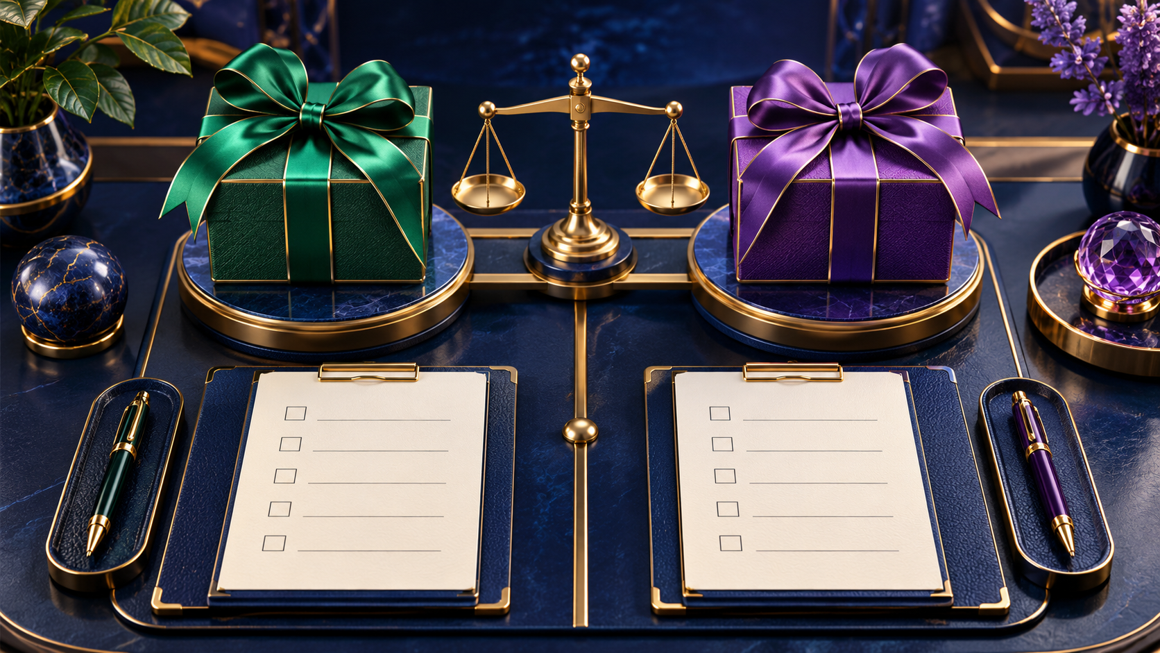 Dua panel hadiah berbeda dengan kartu pemeriksaan yang sama pada meja perbandingan.
