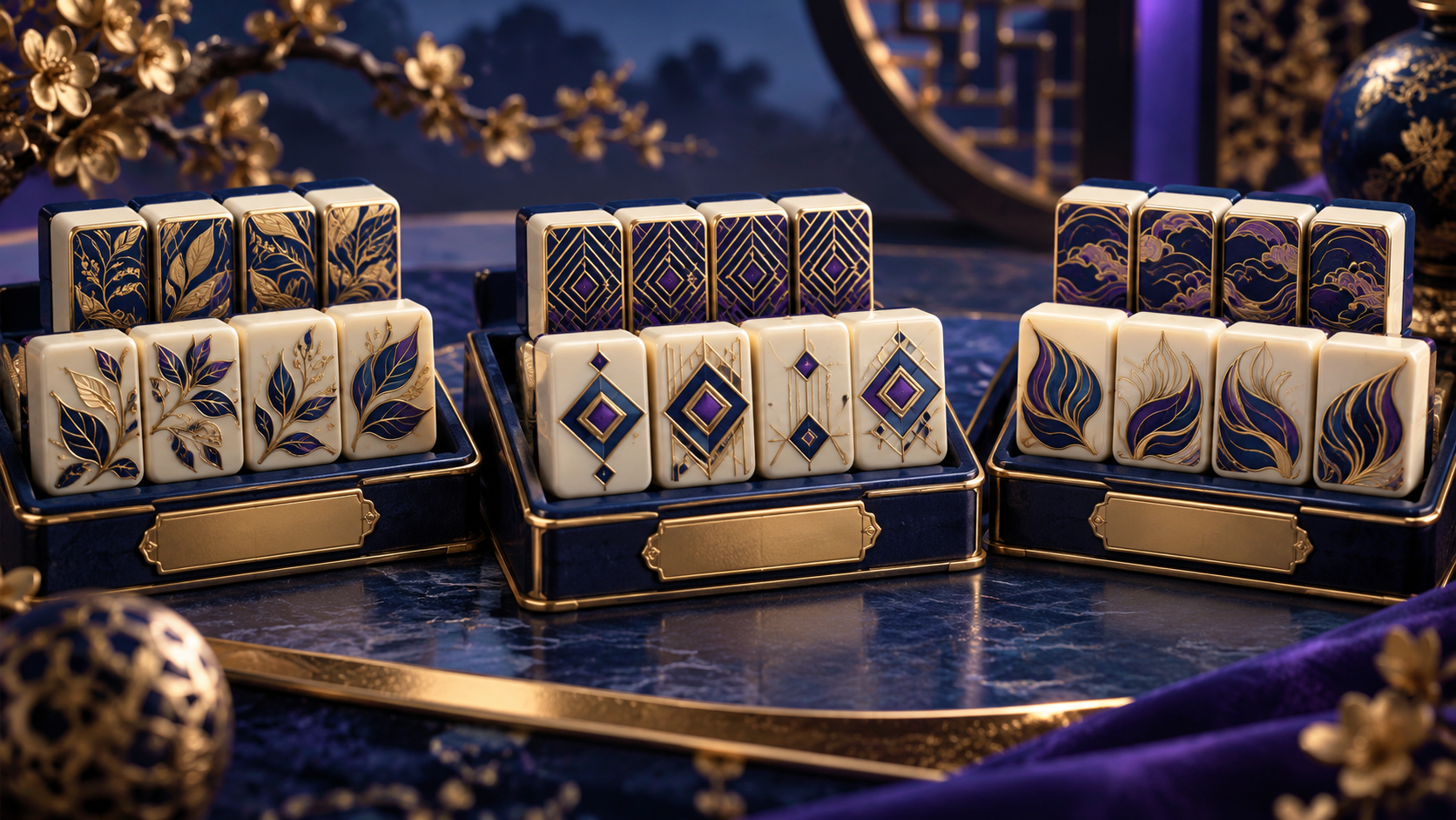 Tiga kelompok ubin mahjong bermotif berbeda di atas baki biru terpisah.